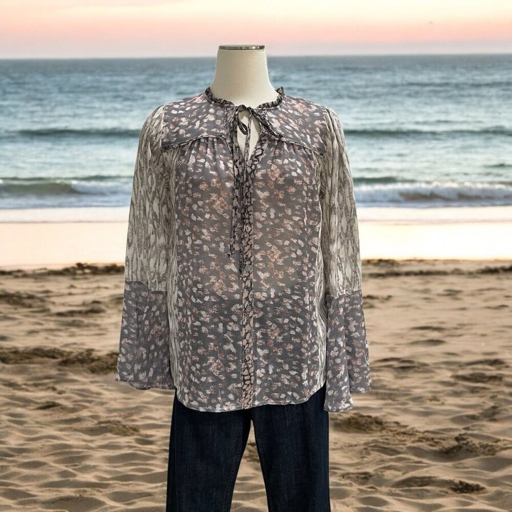 Mystree Boho Sheer Floral Peasant Blouse Romantic Light Cottagecore Festival‎ S